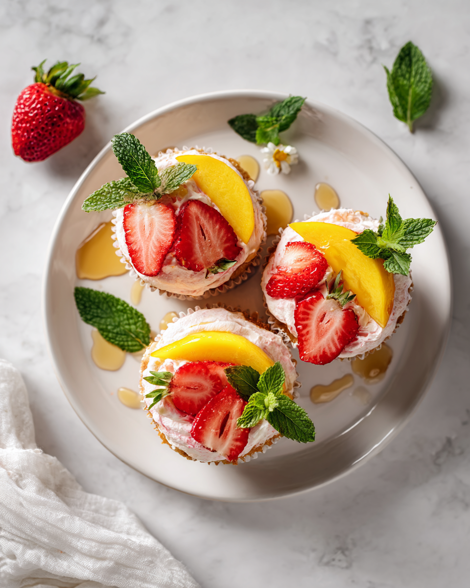 Cupcake estivi di fragola e mango freschi e colorati, ideali per feste ed eventi.
