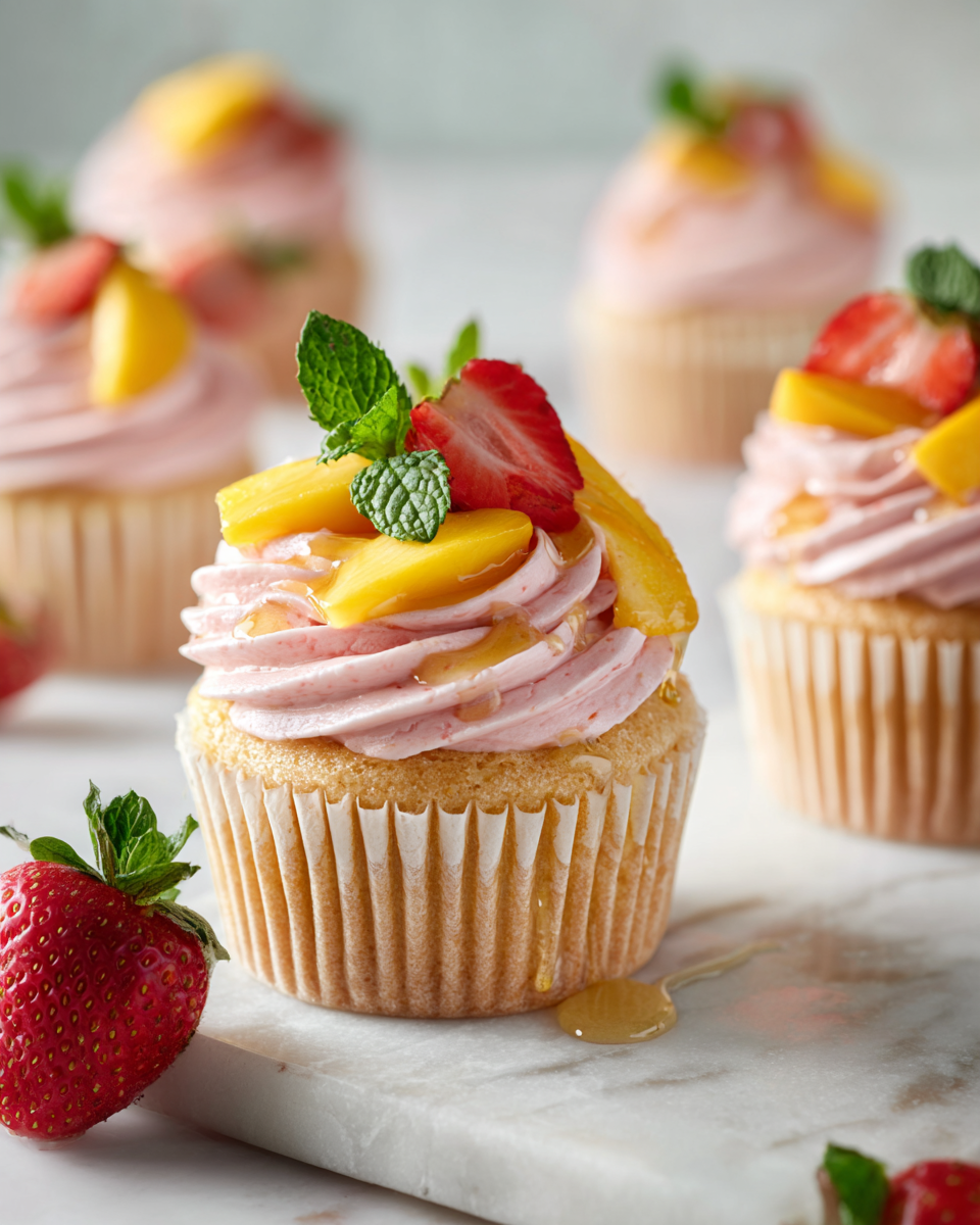 Cupcake estivi di fragola e mango freschi e colorati, ideali per feste ed eventi.