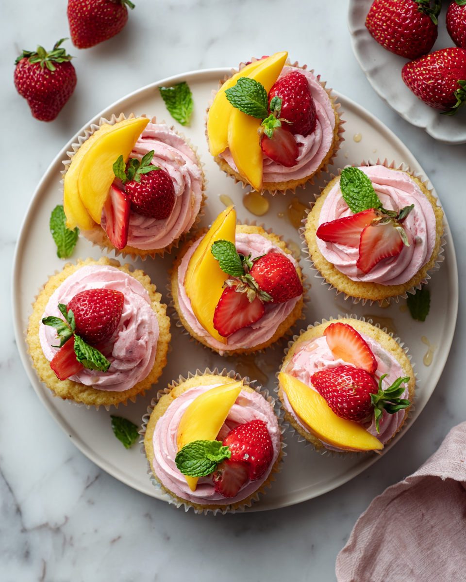 Cupcake estivi di fragola e mango freschi e colorati, ideali per feste ed eventi.
