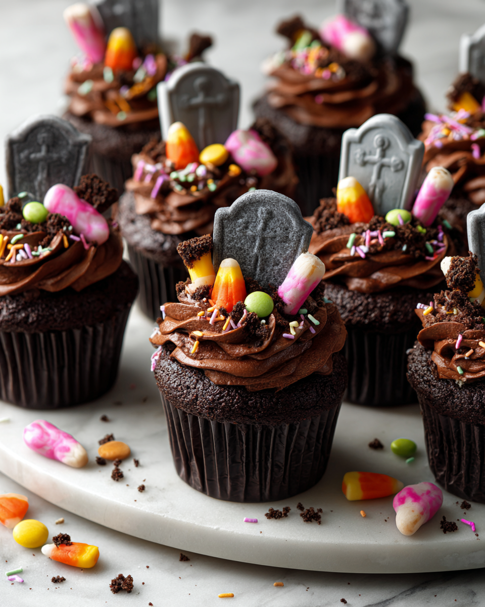 Cupcakes a forma di tombstone decorati per Halloween, dolci e spaventosi, ideali per feste autunnali.