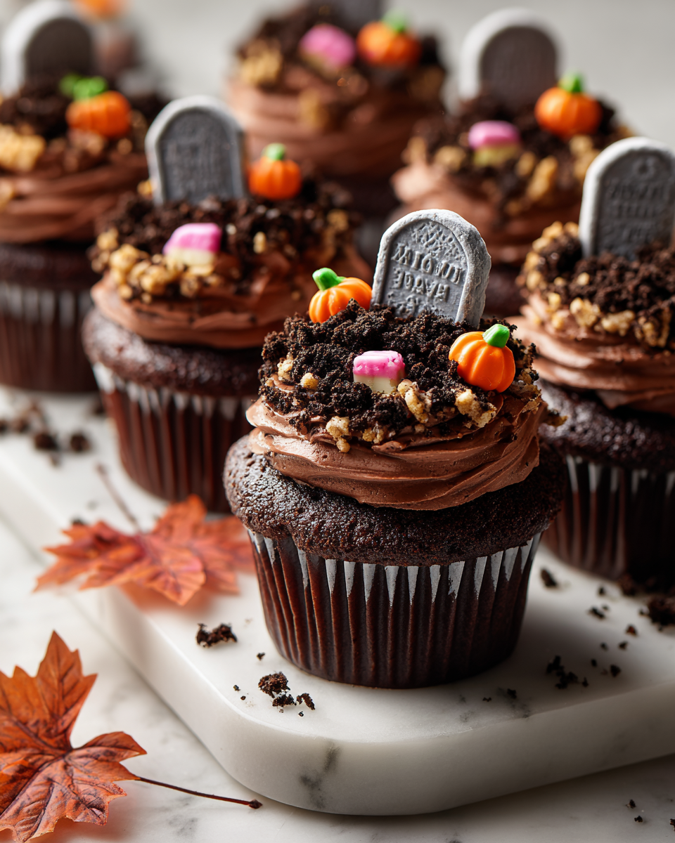 Cupcakes a forma di tombstone decorati per Halloween, dolci e spaventosi, ideali per feste autunnali.