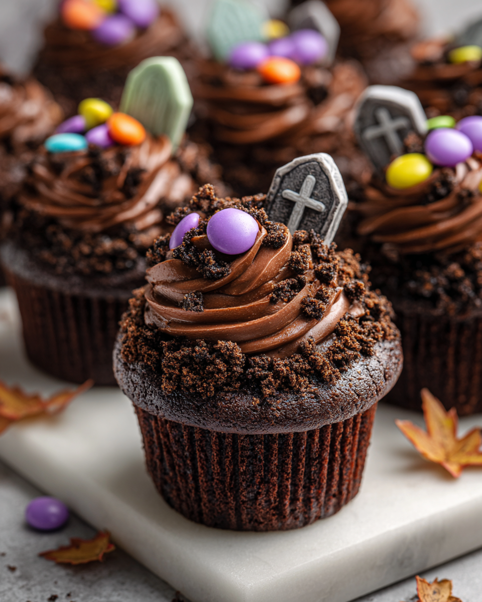 Cupcakes a forma di tombstone decorati per Halloween, dolci e spaventosi, ideali per feste autunnali.