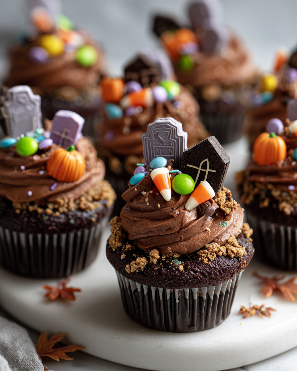 Cupcakes a forma di tombstone decorati per Halloween, dolci e spaventosi, ideali per feste autunnali.