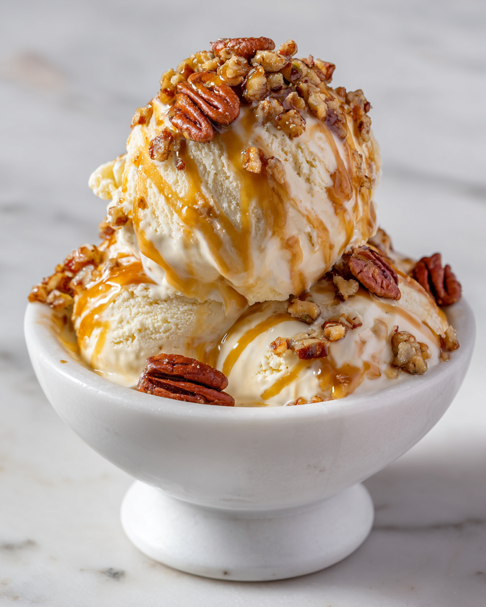 Delizioso Gelato al Burro e Noci Pecan Gelato al burro e noci pecan cremoso e ricco, ideale per l'autunno.