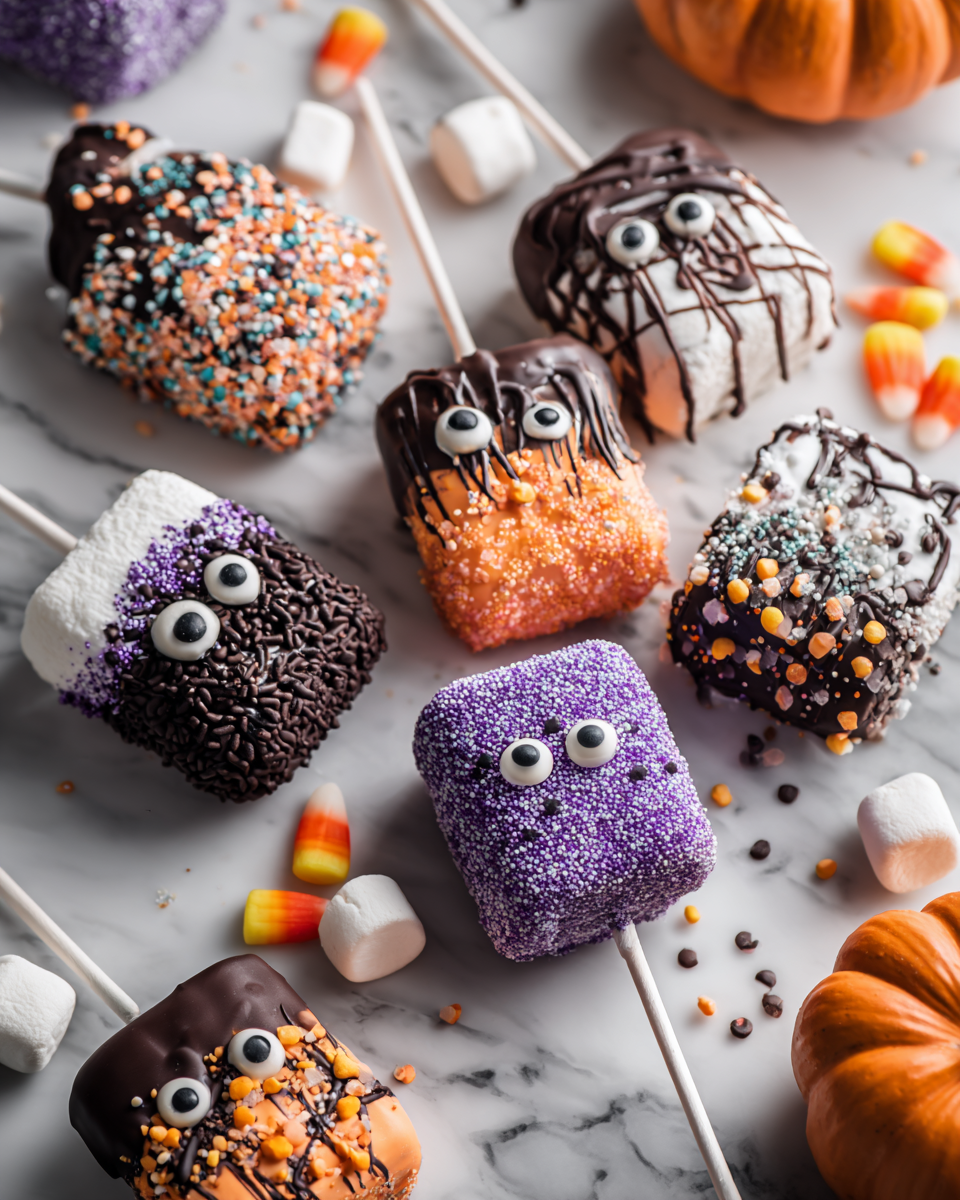 Hocus Pocus Marshmallow Pops decorati per Halloween perfetti per feste di famiglia.