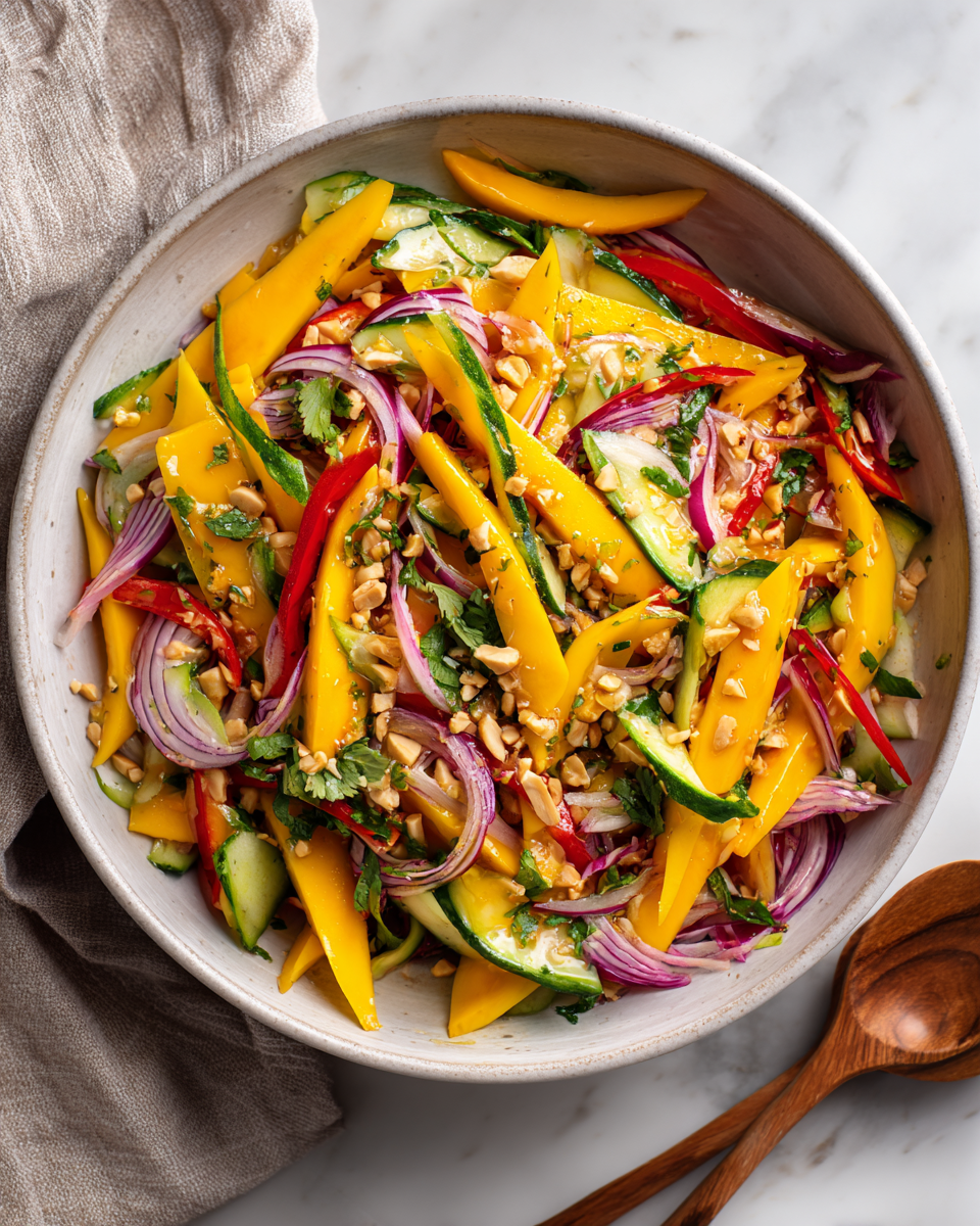 Insalata fresca di mango e cetriolo tailandese, perfetta per l'autunno.