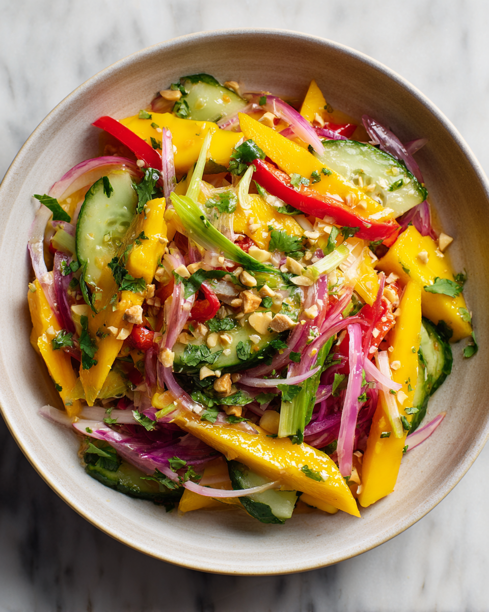 Insalata fresca di mango e cetriolo tailandese, perfetta per l'autunno.