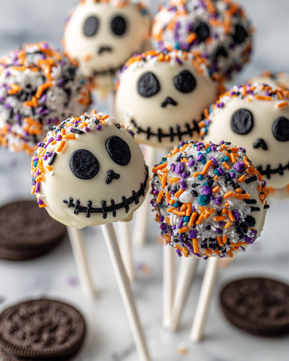 Deliziosi Jack Skellington Oreo Pops per Halloween Jack Skellington Oreo Pops decorati per Halloween, dolci e divertenti
