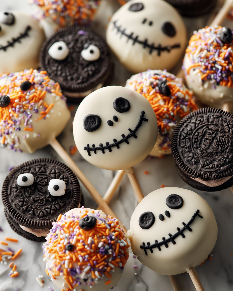 Deliziosi Jack Skellington Oreo Pops per Halloween Jack Skellington Oreo Pops decorati per Halloween, dolci e divertenti