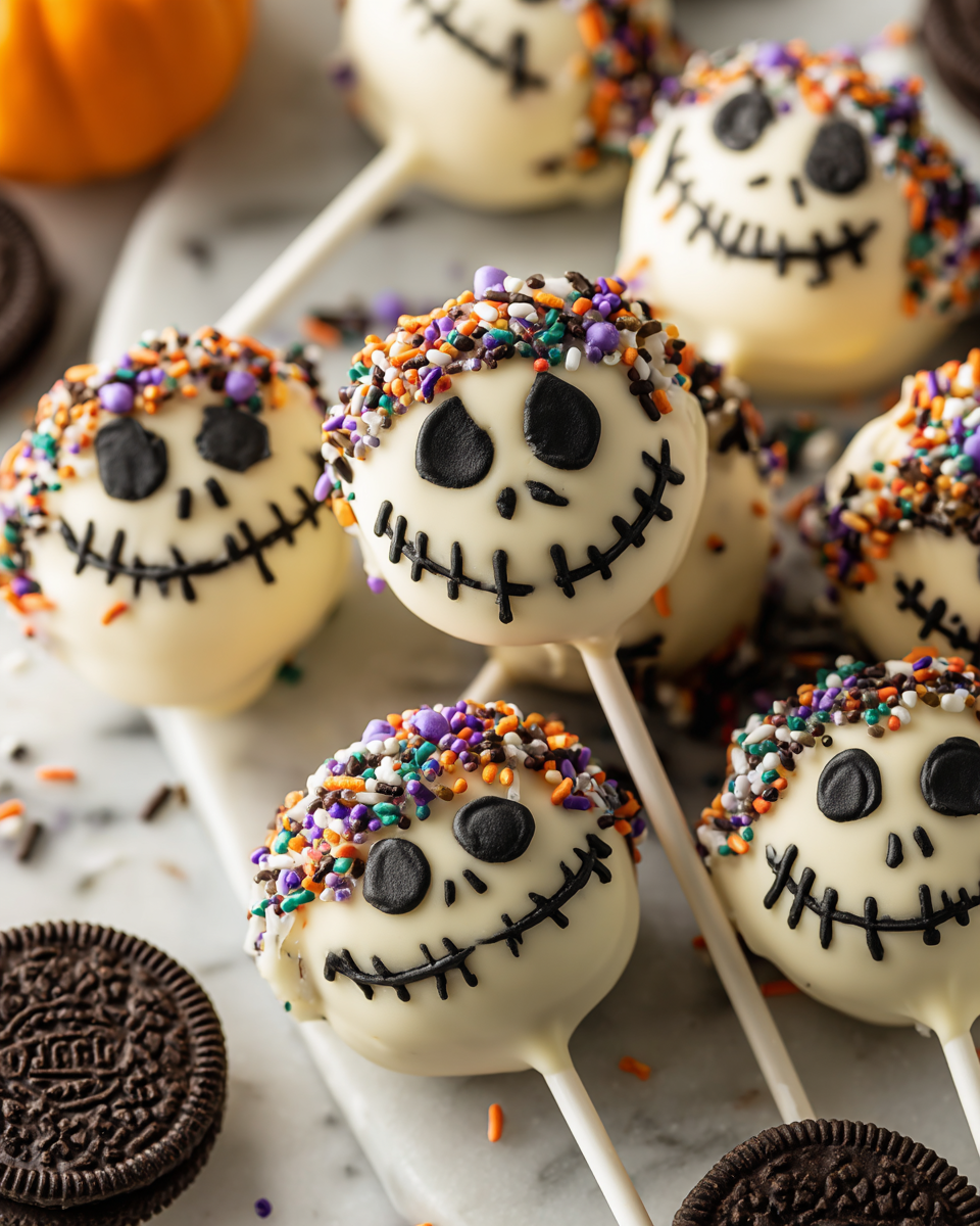 Deliziosi Jack Skellington Oreo Pops per Halloween Jack Skellington Oreo Pops decorati per Halloween, dolci e divertenti