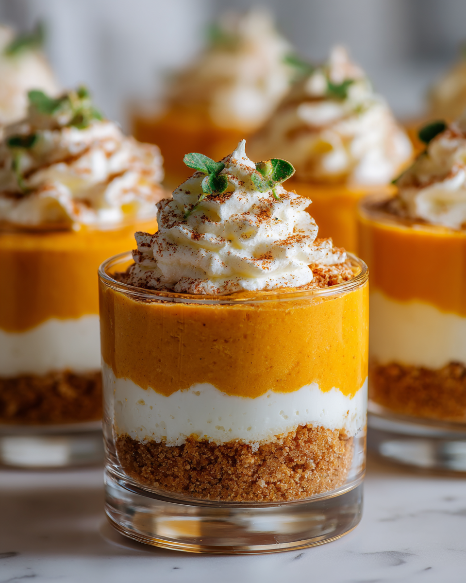Mini trifles al cheesecake di zucca arricchiti con panna montata, un dessert autunnale elegante e gustoso.