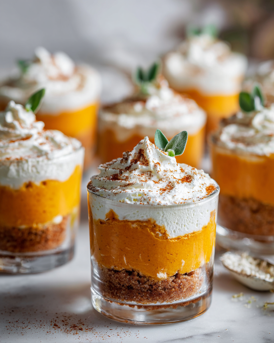 Mini trifles al cheesecake di zucca arricchiti con panna montata, un dessert autunnale elegante e gustoso.
