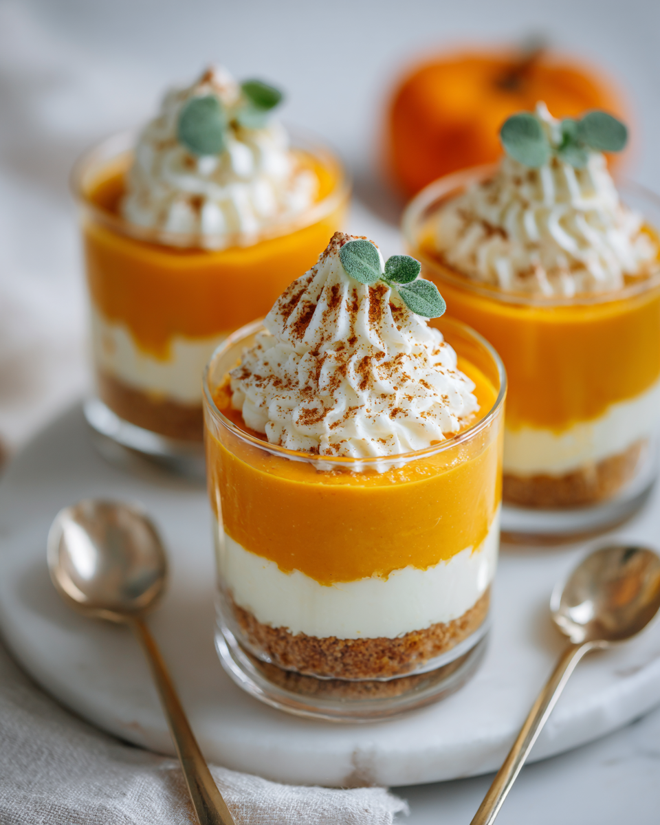 Mini trifles al cheesecake di zucca arricchiti con panna montata, un dessert autunnale elegante e gustoso.