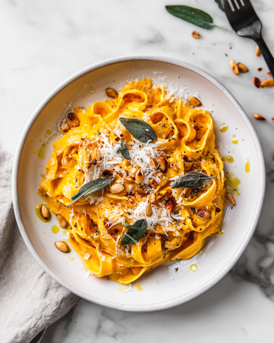 Pasta Alfredo cremosa con zucca butternut, perfetta per l'autunno