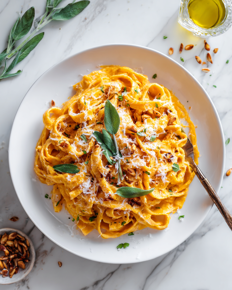 Pasta Alfredo cremosa con zucca butternut, perfetta per l'autunno