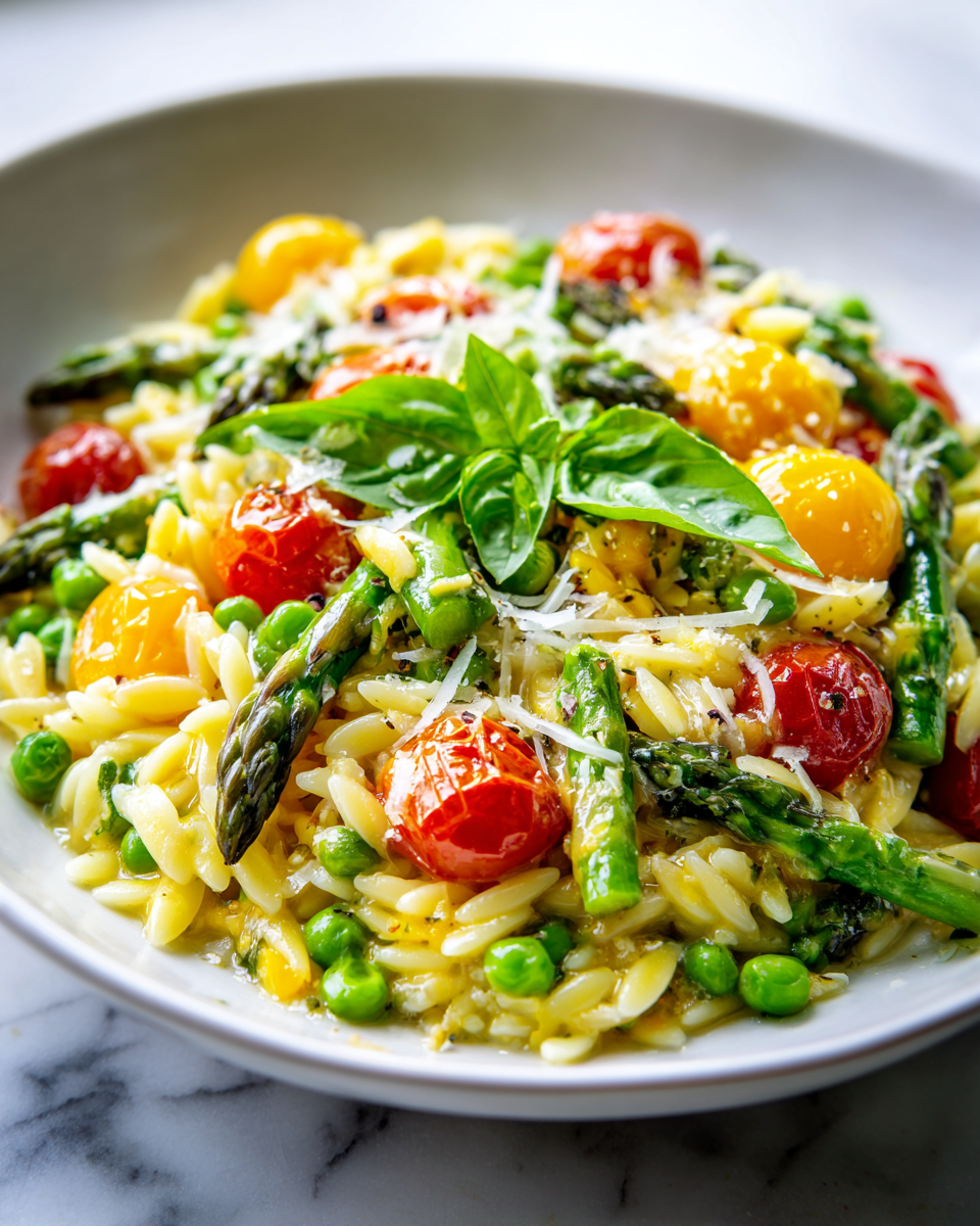 Pasta Orzo Primavera con asparagi e piselli freschi, piatto primaverile sano e colorato.