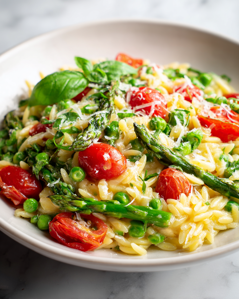 Pasta Orzo Primavera con asparagi e piselli freschi, piatto primaverile sano e colorato.