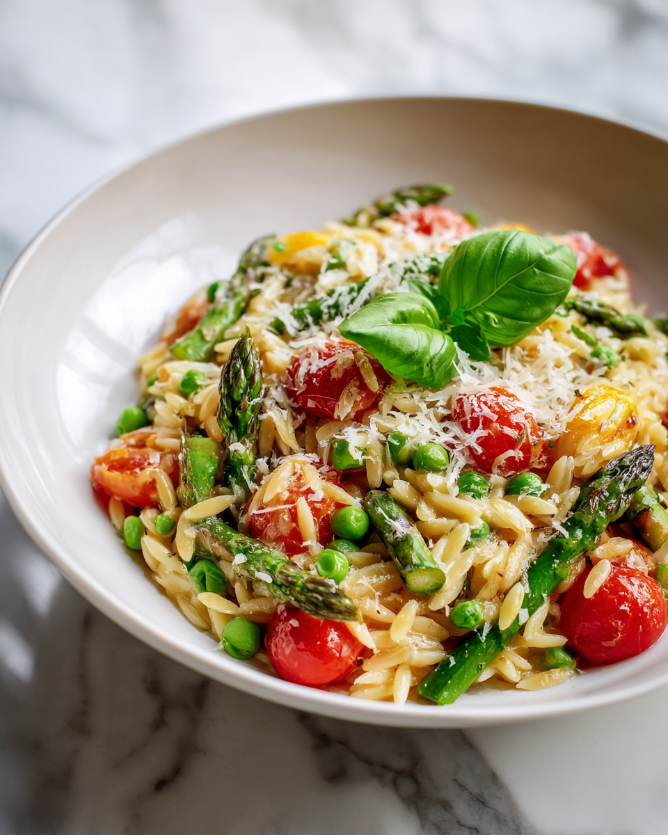 Pasta Orzo Primavera con asparagi e piselli freschi, piatto primaverile sano e colorato.