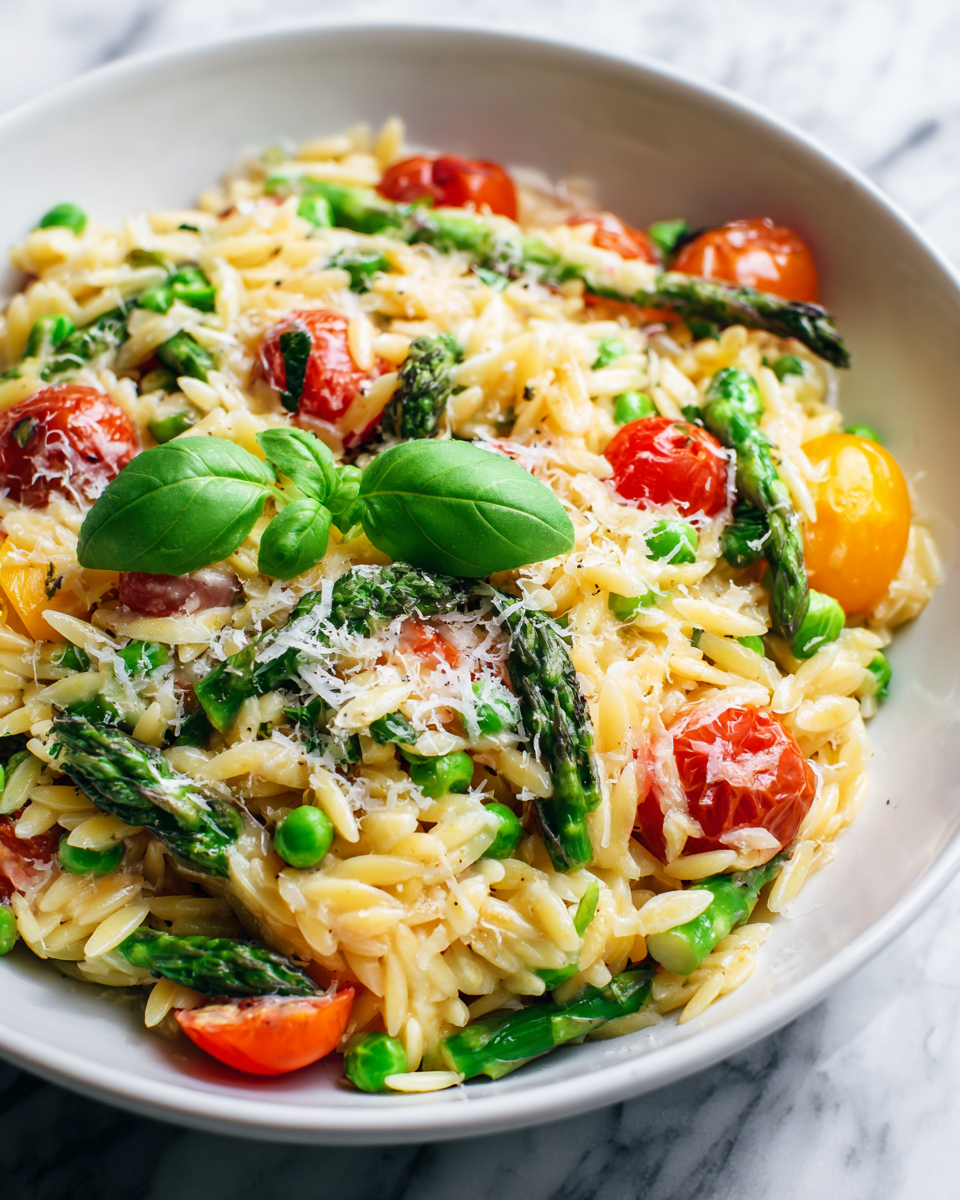 Pasta Orzo Primavera con asparagi e piselli freschi, piatto primaverile sano e colorato.