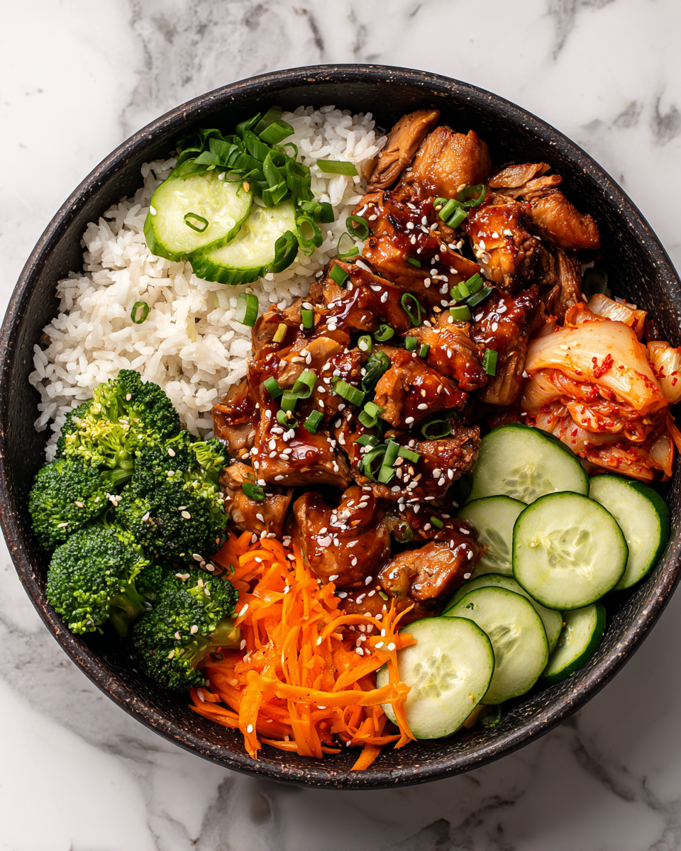 Ciotole di Pollo BBQ Coreano con Riso e Verdure Ciotole di pollo BBQ coreano con verdure fresche e riso jasmine, piatto ricco di sapori autunnali e facile da preparare.