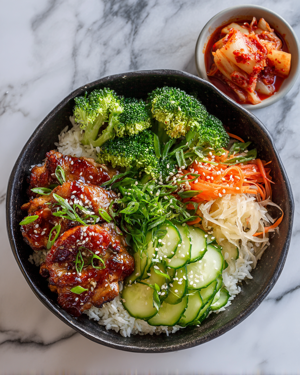Ciotole di Pollo BBQ Coreano con Riso e Verdure Ciotole di pollo BBQ coreano con verdure fresche e riso jasmine, piatto ricco di sapori autunnali e facile da preparare.