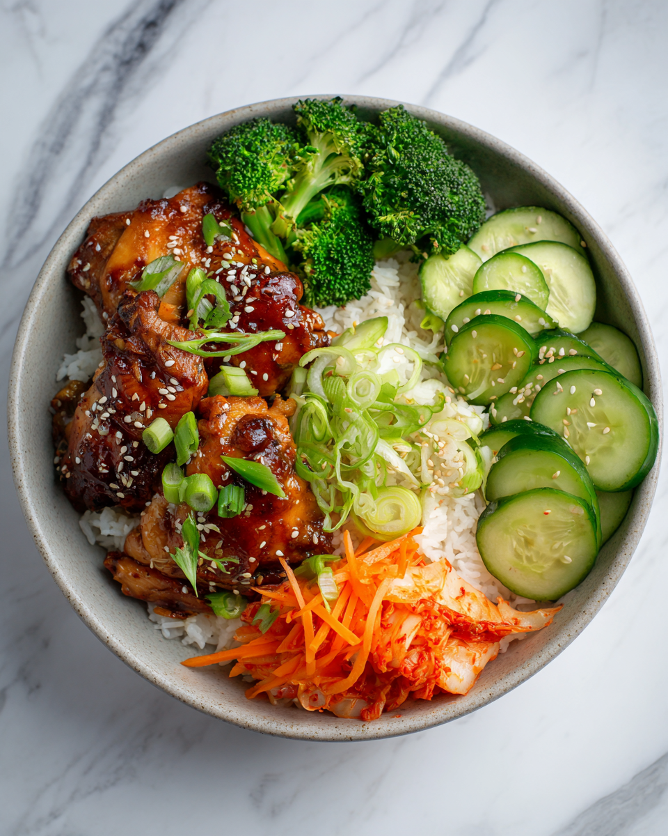 Ciotole di Pollo BBQ Coreano con Riso e Verdure Ciotole di pollo BBQ coreano con verdure fresche e riso jasmine, piatto ricco di sapori autunnali e facile da preparare.