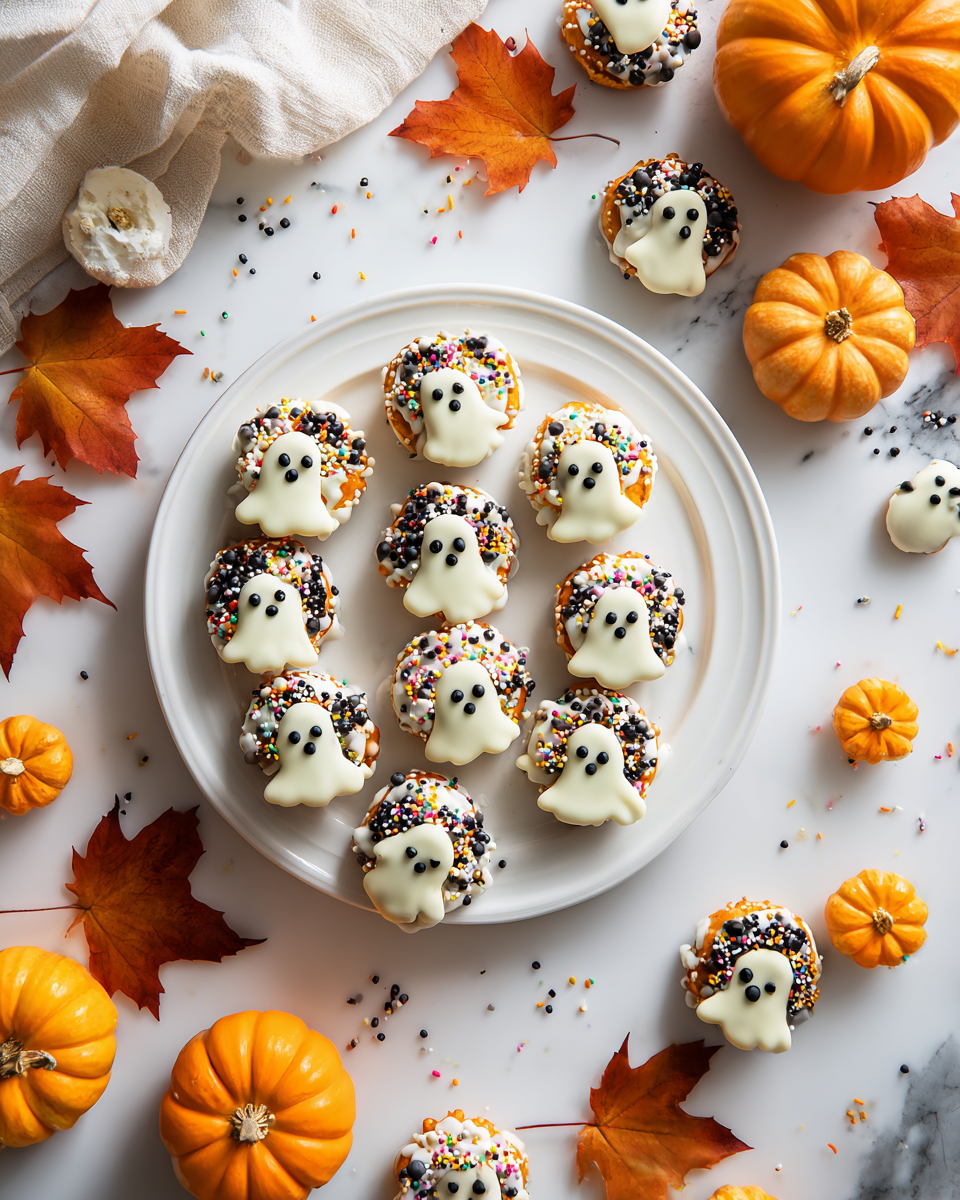 Pretzel fantasma al cioccolato bianco decorati per Halloween.
