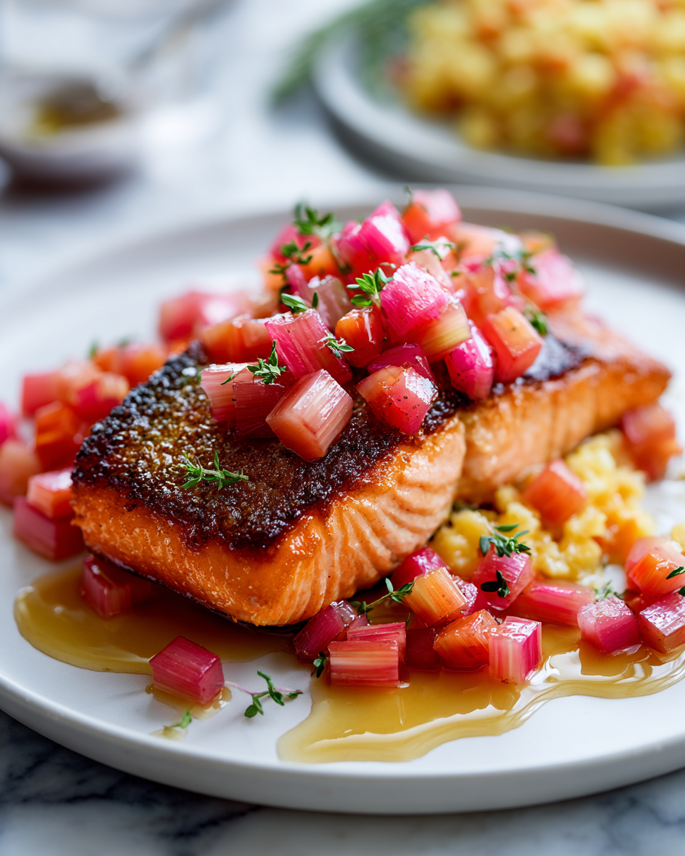 Delizioso Salmone Glassato al Rabarbaro Salmone glassato al rabarbaro, piatto primaverile elegante.