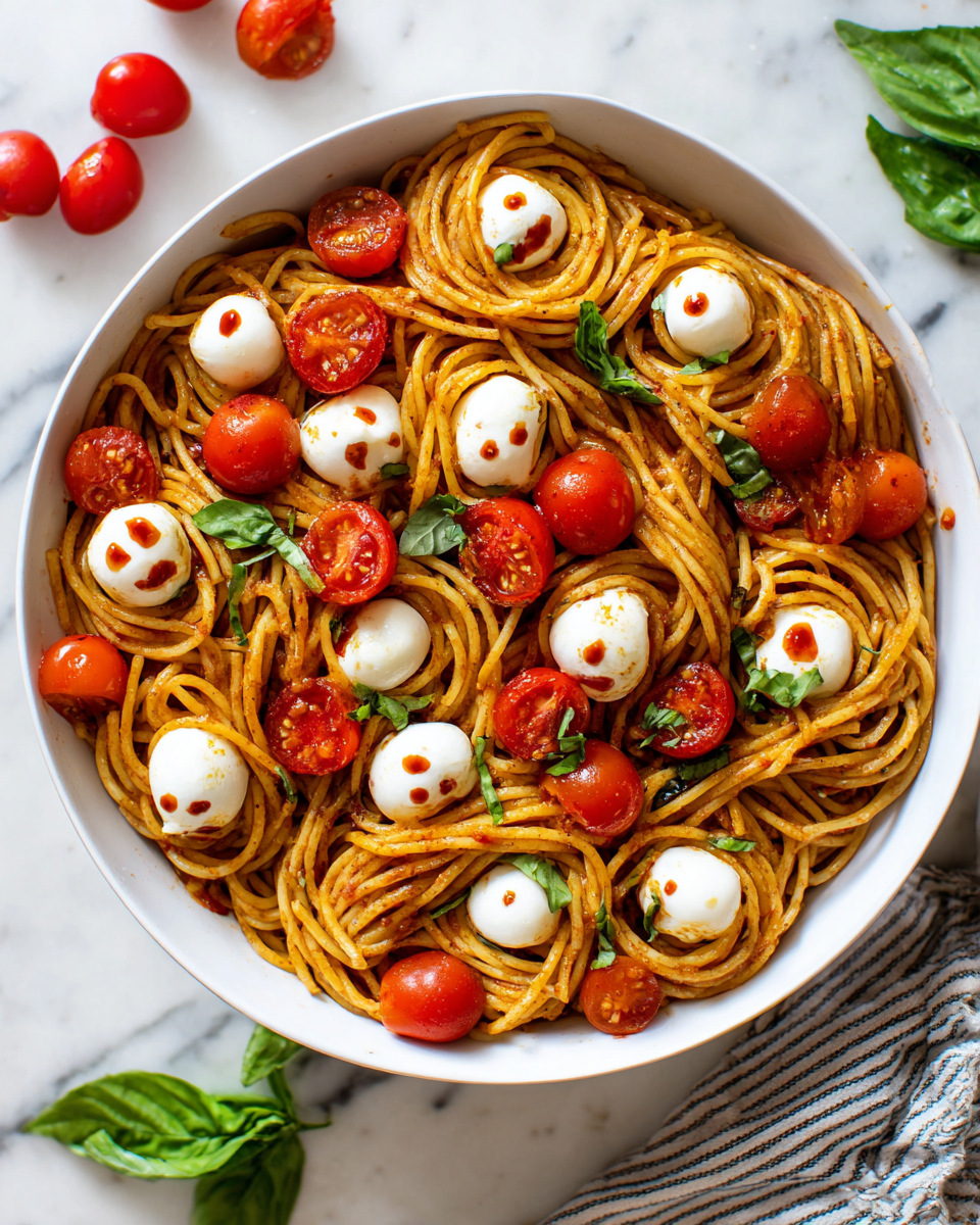 Spaghetti con Occhi di Mozzarella: Un Piatto Festoso per Halloween Spaghetti con occhi di mozzarella, piatto festivo e divertente per Halloween, facile da preparare e gustoso.