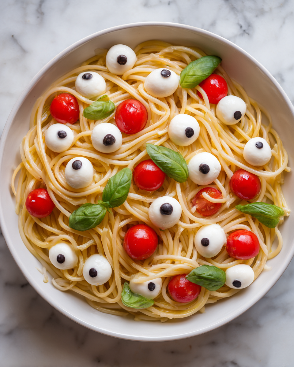 Spaghetti con Occhi di Mozzarella: Un Piatto Festoso per Halloween Spaghetti con occhi di mozzarella, piatto festivo e divertente per Halloween, facile da preparare e gustoso.