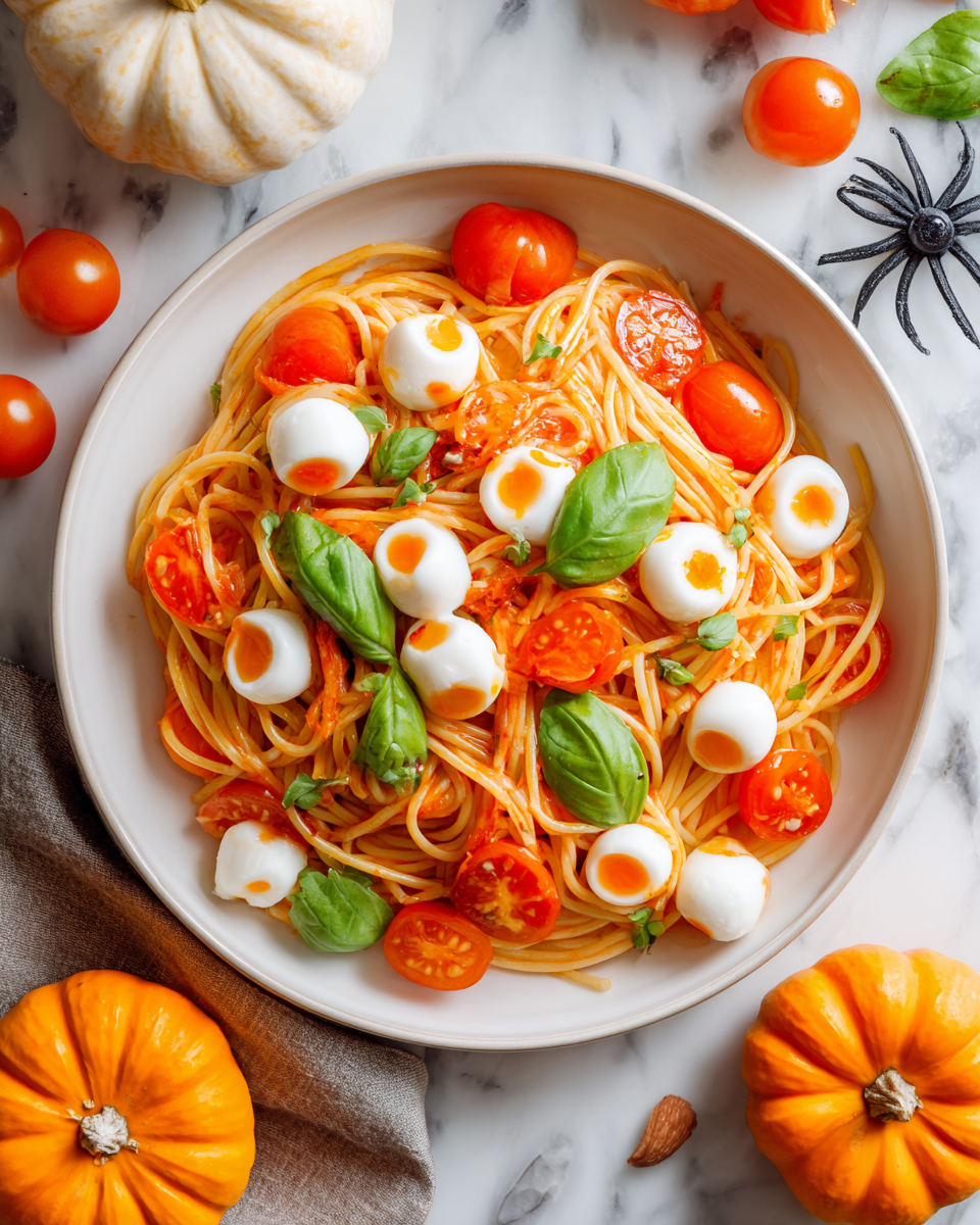 Spaghetti con Occhi di Mozzarella: Un Piatto Festoso per Halloween Spaghetti con occhi di mozzarella, piatto festivo e divertente per Halloween, facile da preparare e gustoso.