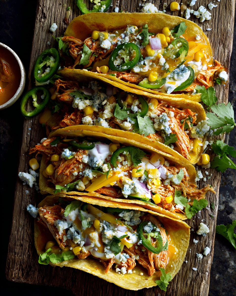 Taco di Chili di Pollo Buffalo piccante serviti con guarnizioni fresche, un piatto autunnale delizioso e confortante.