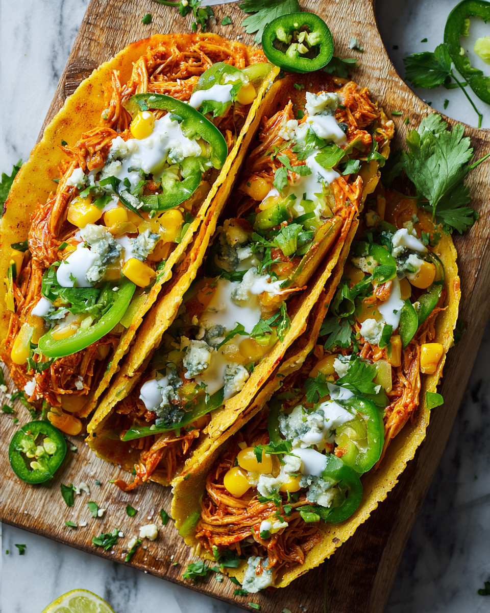 Taco di Chili di Pollo Buffalo piccante serviti con guarnizioni fresche, un piatto autunnale delizioso e confortante.