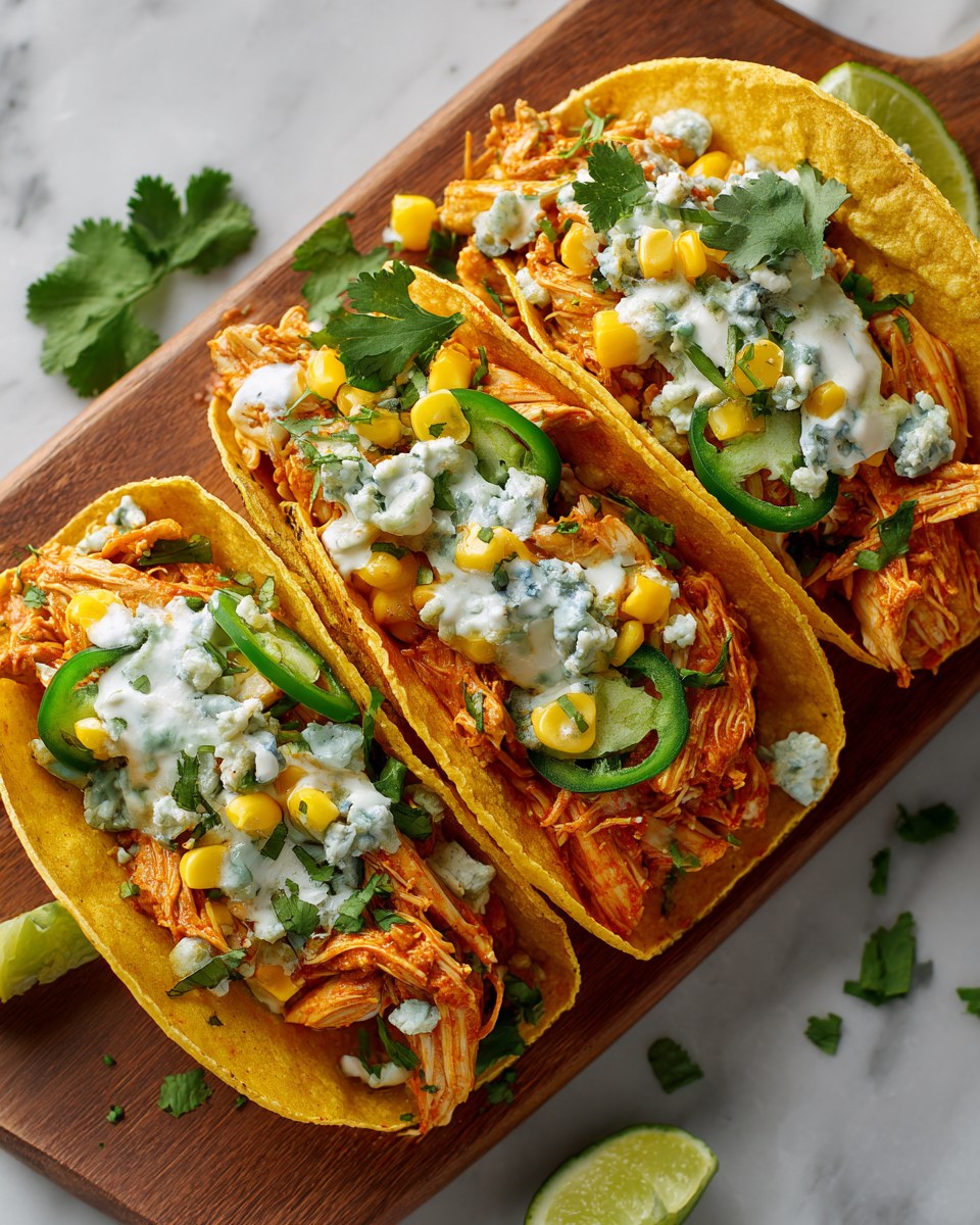 Taco di Chili di Pollo Buffalo piccante serviti con guarnizioni fresche, un piatto autunnale delizioso e confortante.