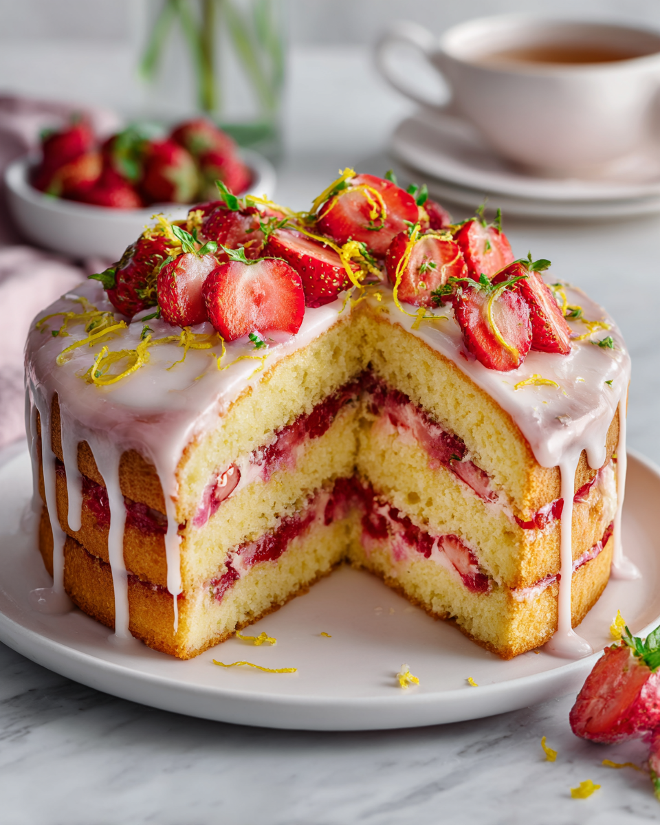Torta di limonata e fragole decorata con glassa al limone e fragole fresche, ideale per le riunioni primaverili