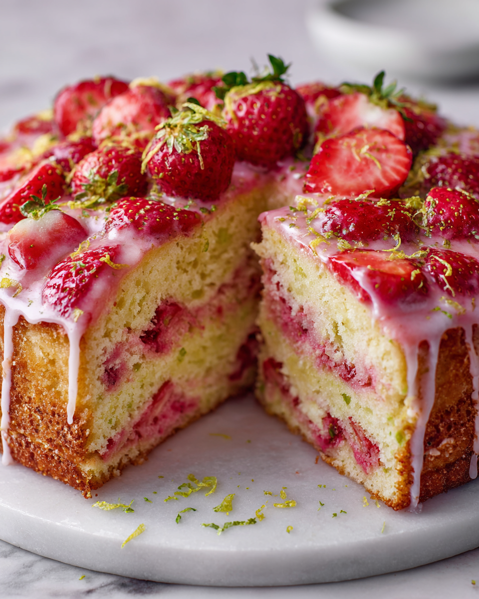 Torta di limonata e fragole decorata con glassa al limone e fragole fresche, ideale per le riunioni primaverili