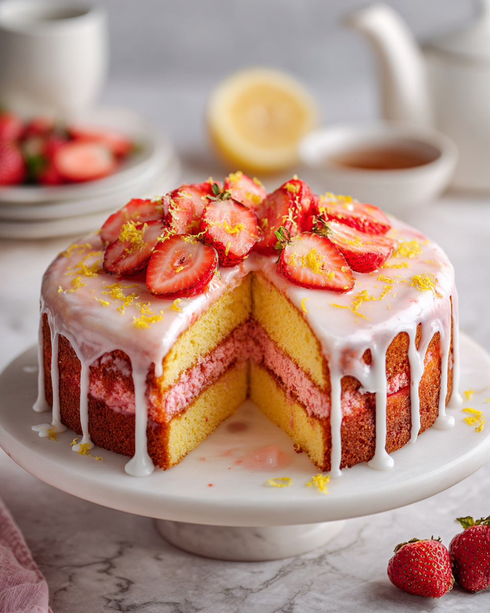 Torta di limonata e fragole decorata con glassa al limone e fragole fresche, ideale per le riunioni primaverili
