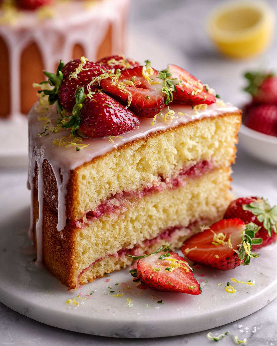 Torta di limonata e fragole decorata con glassa al limone e fragole fresche, ideale per le riunioni primaverili