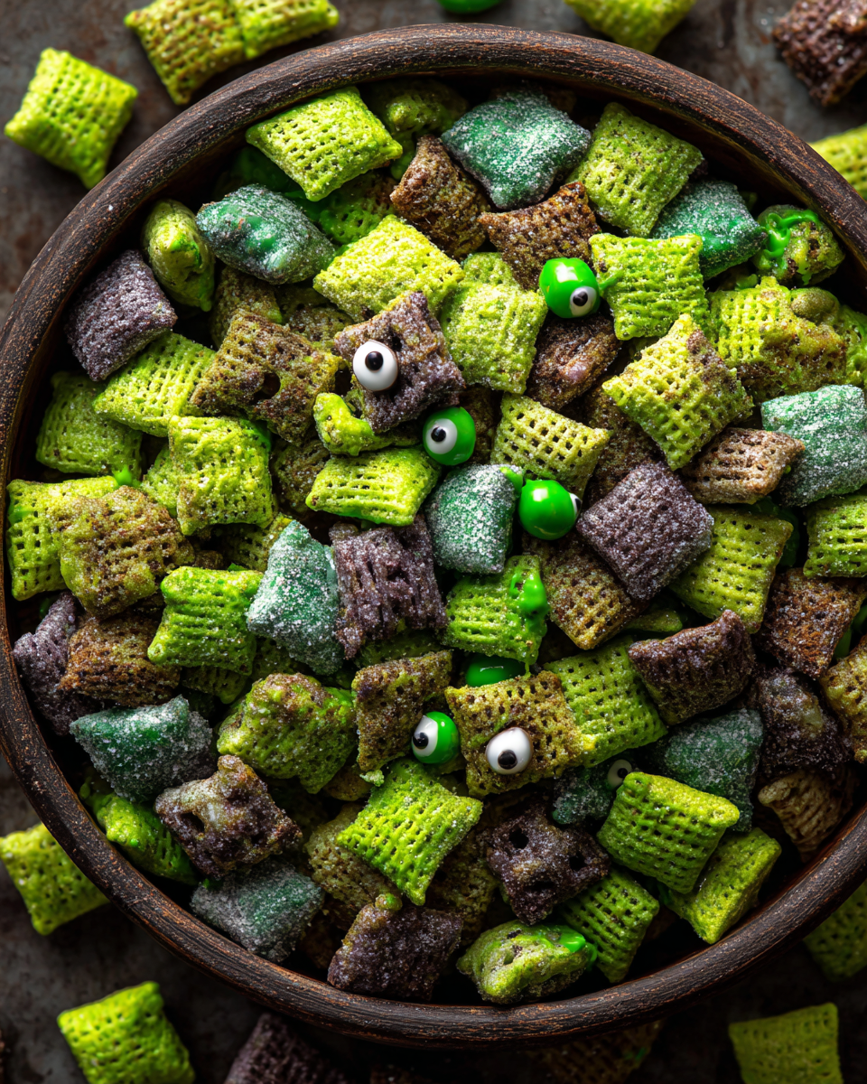 Deliziosi Zombie Muddy Buddies, uno snack spettrale per Halloween, facili da preparare e divertenti da gustare, perfetti per feste.