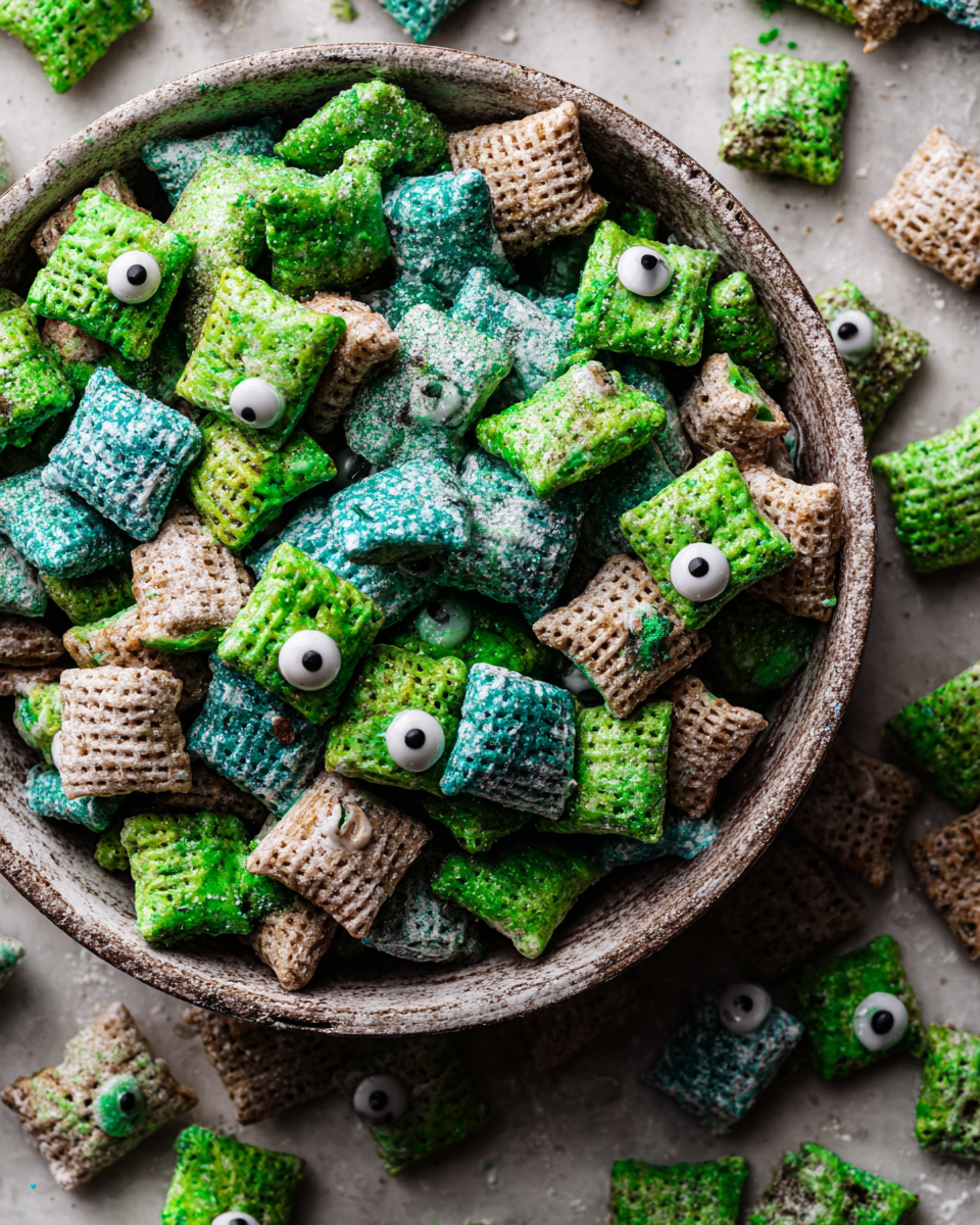 Deliziosi Zombie Muddy Buddies, uno snack spettrale per Halloween, facili da preparare e divertenti da gustare, perfetti per feste.