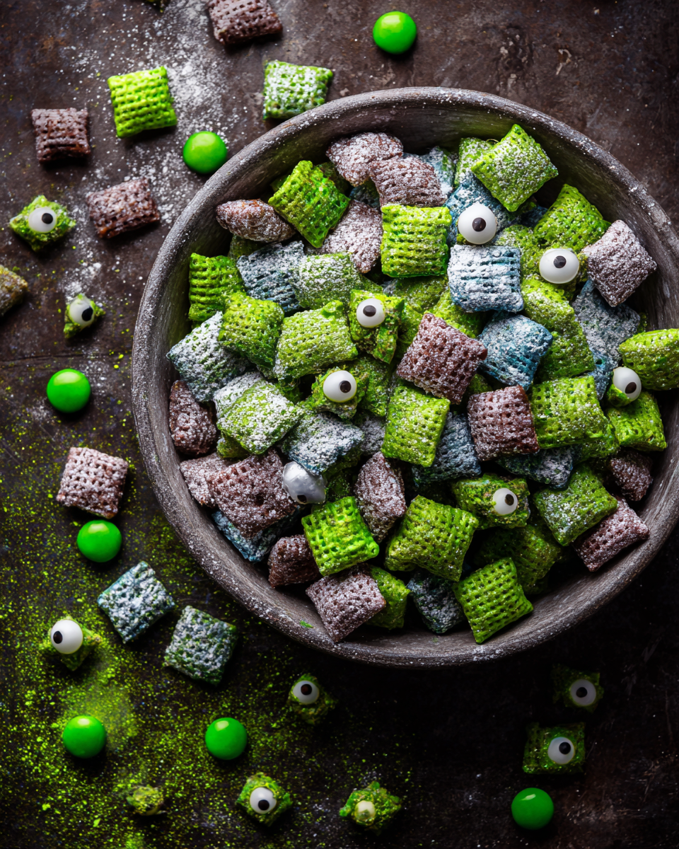 Deliziosi Zombie Muddy Buddies, uno snack spettrale per Halloween, facili da preparare e divertenti da gustare, perfetti per feste.
