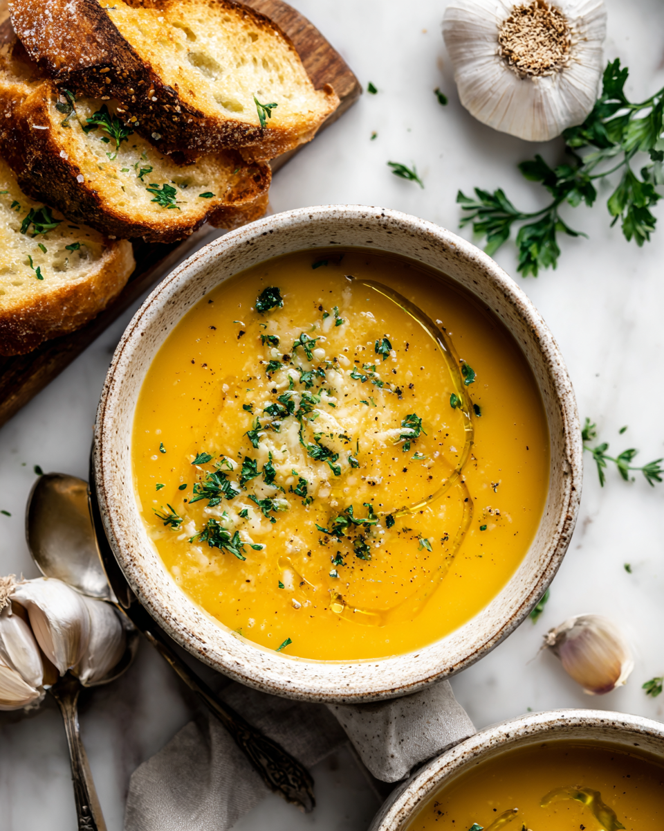 Zuppa cremosa di patate con aglio e cheddar, un comfort food autunnale semplice e delizioso.