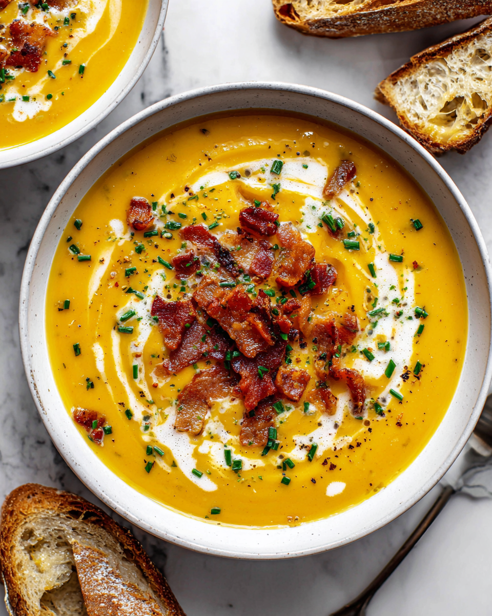 Zuppa cremosa di patate e bacon, un piatto autunnale ricco di sapori, ideale per comfort food e cene in famiglia.