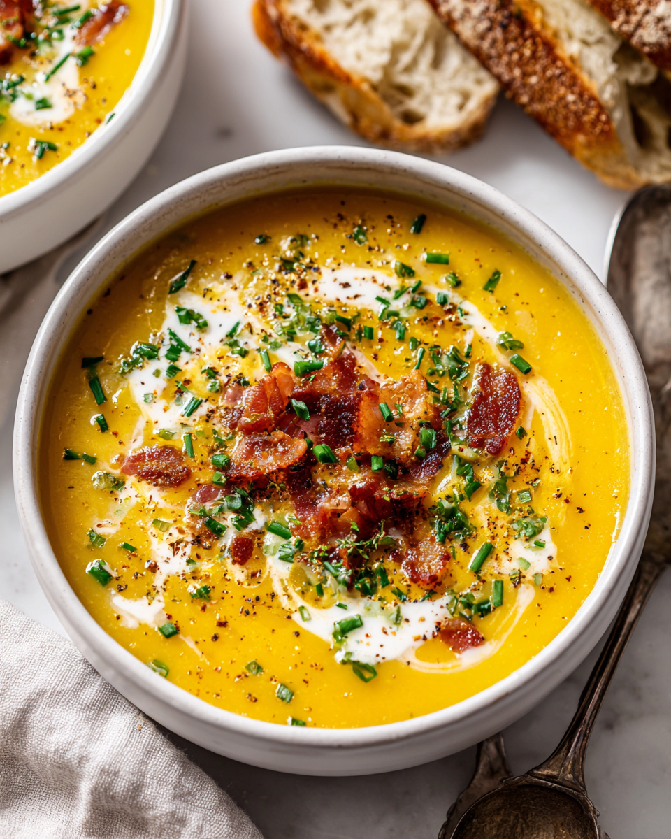 Zuppa cremosa di patate e bacon, un piatto autunnale ricco di sapori, ideale per comfort food e cene in famiglia.
