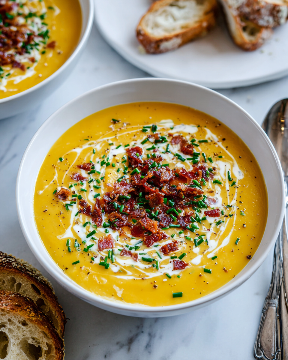 Zuppa cremosa di patate e bacon, un piatto autunnale ricco di sapori, ideale per comfort food e cene in famiglia.