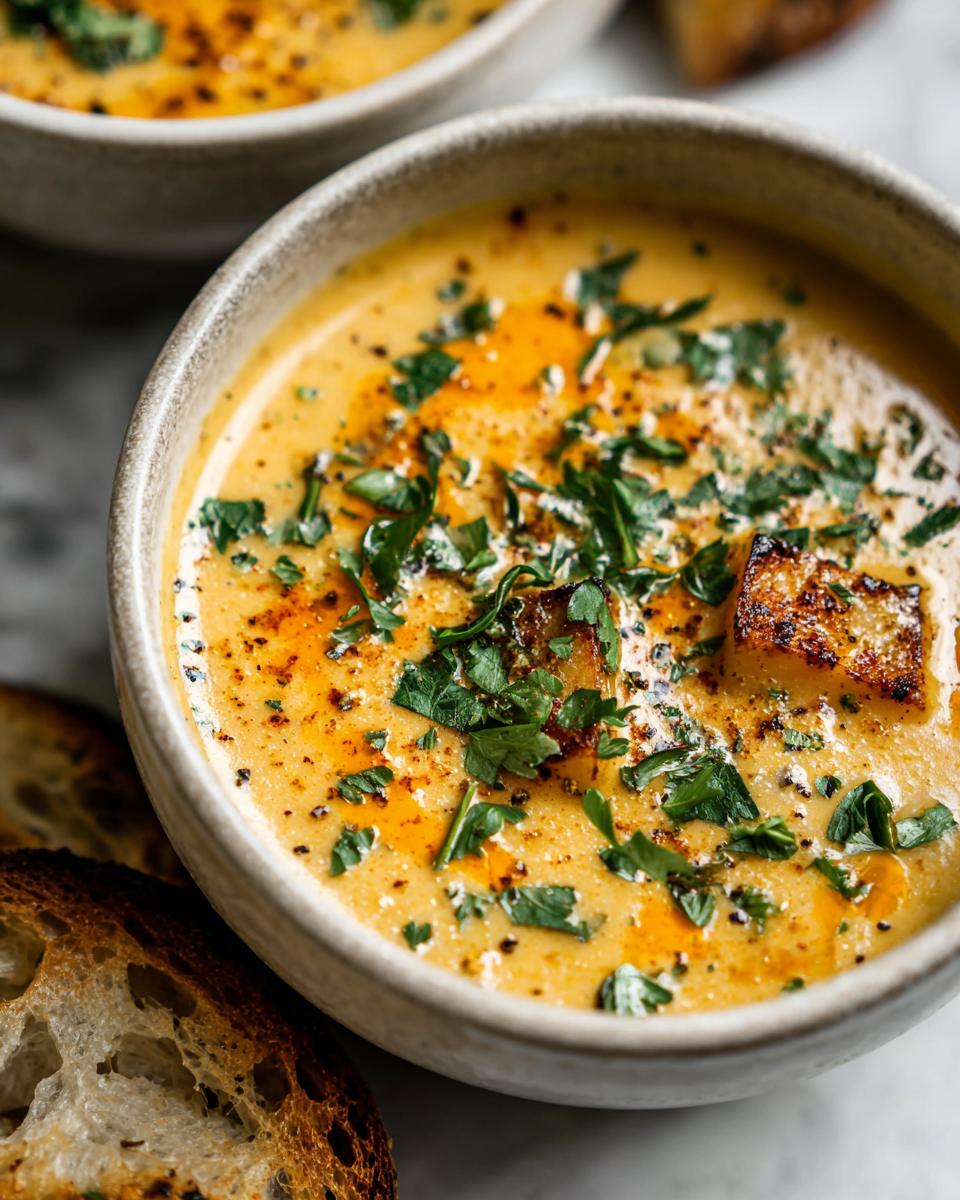 Zuppa Cremosa di Patate Cajun per le Sere d'Autunno Zuppa cremosa di patate Cajun servita in ciotole calde, perfetta per le sere d'autunno