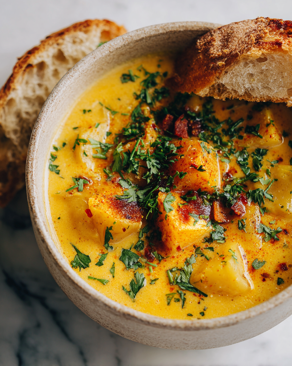 Zuppa Cremosa di Patate Cajun per le Sere d'Autunno Zuppa cremosa di patate Cajun servita in ciotole calde, perfetta per le sere d'autunno
