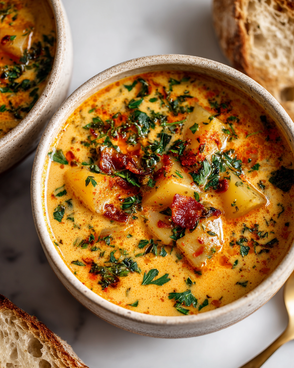 Zuppa Cremosa di Patate Cajun per le Sere d'Autunno Zuppa cremosa di patate Cajun servita in ciotole calde, perfetta per le sere d'autunno