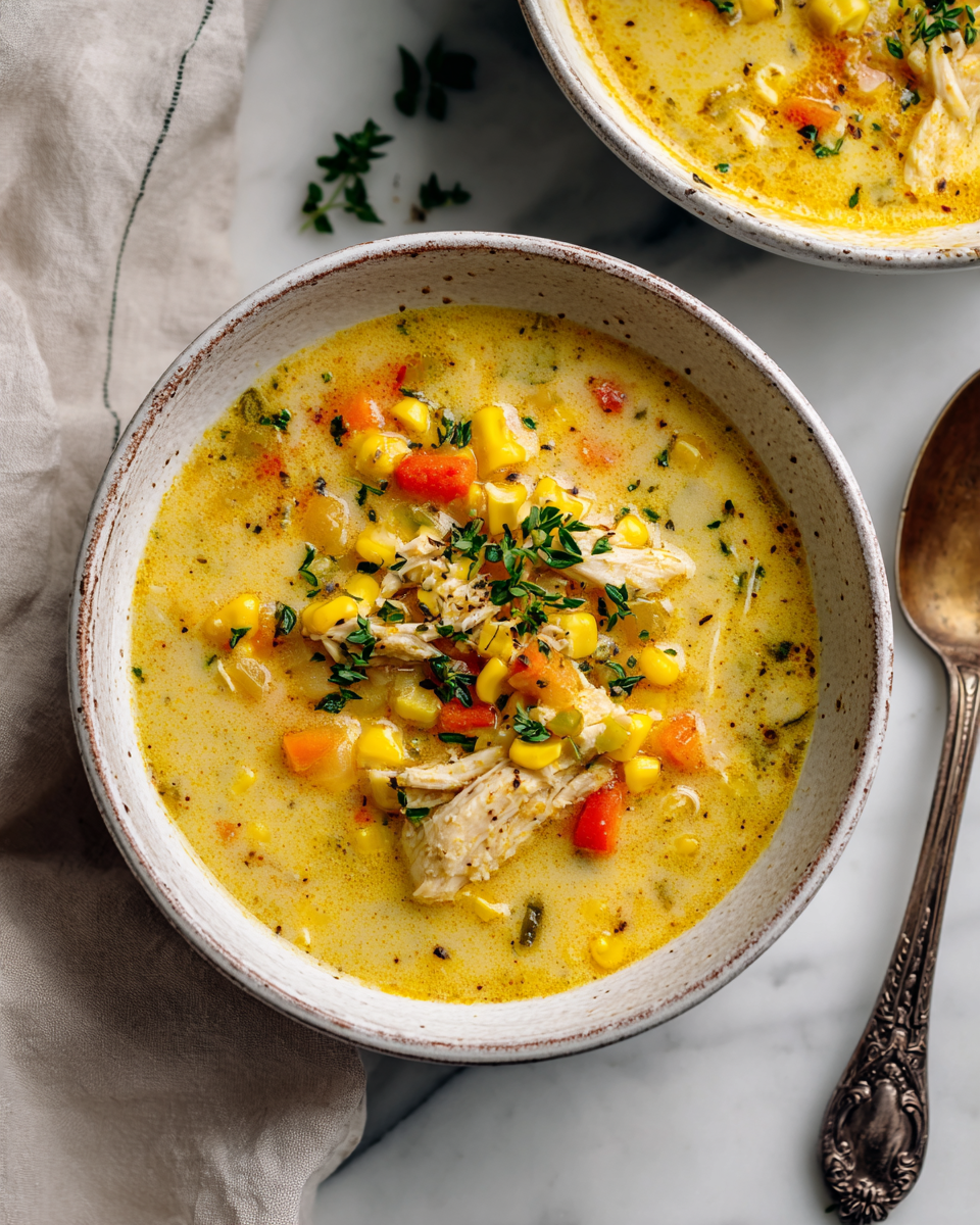 Zuppa cremosa di pollo e mais, comfort food autunnale, facile e veloce.