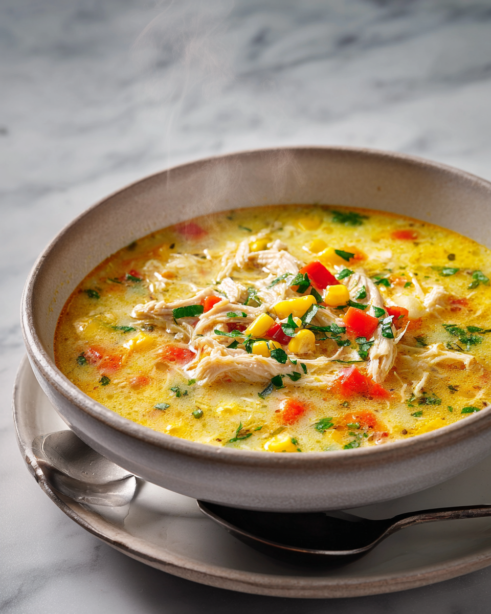 Zuppa cremosa di pollo e mais, comfort food autunnale, facile e veloce.